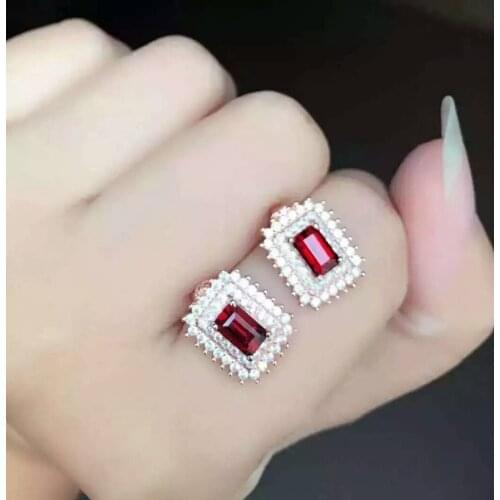 Natural red garnet gem Classic fashion Square stud earrings Natural gemstone earrings S925 silver women girl party gift jewelry