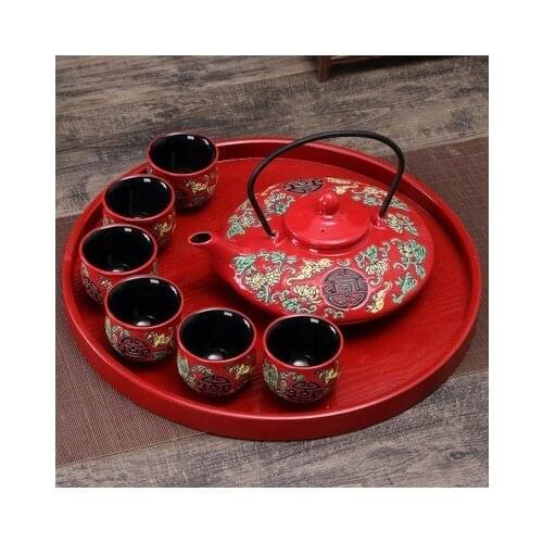 Chinese traditional red ceramic tea set suit creative wedding supplies tea cup pot tray newlywed gift