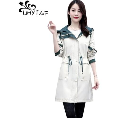 UHYTGF Loose 3XL plus size windbreaker womens solid color wild casual spring autumn coats female fashion hooded trench coat 1002