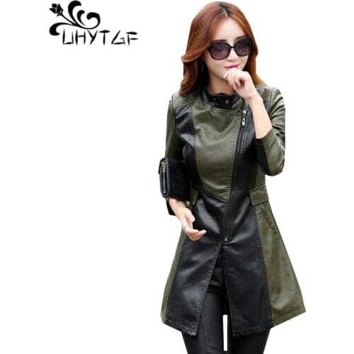 UHYTGF Women Long Leather Jacket Fashion Lady Elegant Washed splice PU Leather Coat Windbreaker Women Outerwear 5XLPlus Size 964