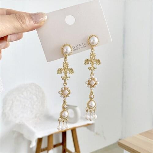 Vintage Baroque Round Square Metal Pearl Tassel Drop Earrings Waterdrop Palace Style Pendent Earring for Women Girls Ear Jewelry
