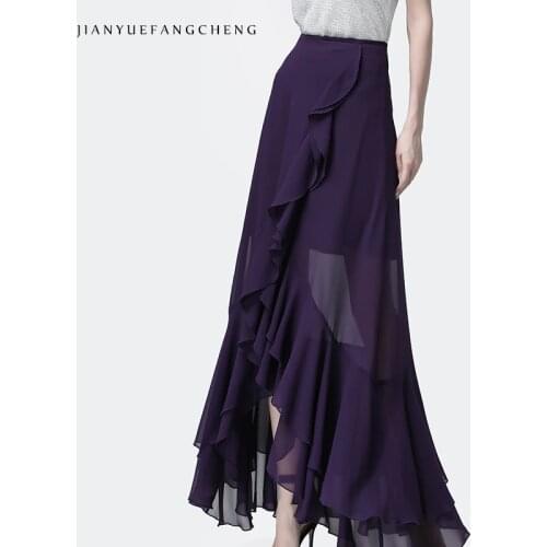 Long Skirt Women Summer Chiffon Ruffle Purple Skirts High Waist Fashion Floor Length Pleated A-Line Plus Size 4XL Skirts Jupe