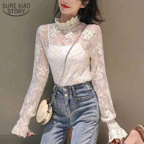 Long Sleeve Embroidered Women Blouse Lace Bottom Shirt 2021 Spring Korean New High Collar Mesh Shirt Female 13130