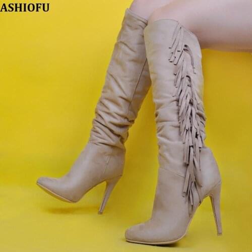 ASHIOFU Handmade New Ladies High Heel Boots Fringed&Tassels Party Prom Knee Boots Winter Evening Fashion Boots Shoes