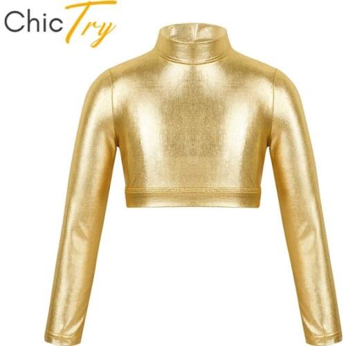 ChicTry Kids Teens Long Sleeves Shiny Metallic Ballet Gymnastics Crop Tops Children Girls Stage Performance Sports Dance Costume