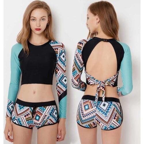 Women Long Sleeve Cropped Rashguard High Waist Two Piece Swimsuir Backless Padded Top & Boyshorts Rash Guards Sun Suit Tankini