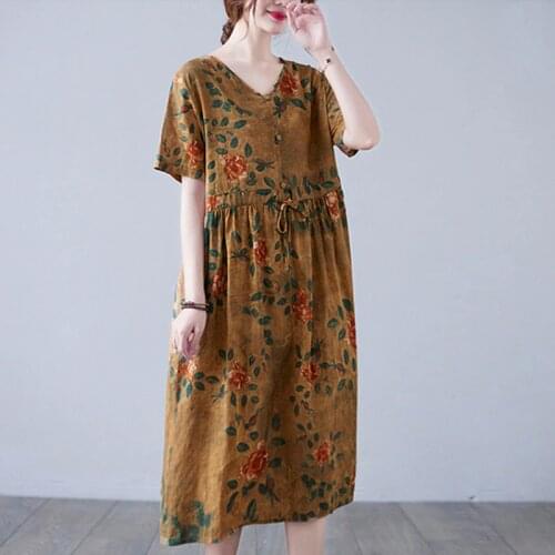 Print Floral Thin Soft Cotton Linen Vintage Dress 2021 New Arrival Women Casual Summer Dress Drawstring Office Lady Work Dress