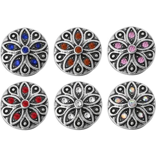 10pcs/lot New Vintage 12mm Snap Jewelry Round Rhinestone Flower Metal Buttons Jewelry for Snap Bracelets Necklaces DIY Jewelry