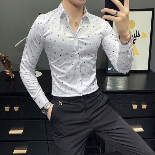 2021 Autumn Floral Mens Shirt Long Sleeve Slim Business Dress Shirts Fashion Social Party Casual Shirt Streetwear Men Clothing