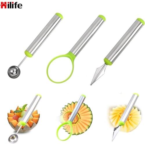 3 Pcs/Set Stainless Steel Fruit Tools Creative Watermelon Carving Knife Fruit Platter Set Cream Spoon