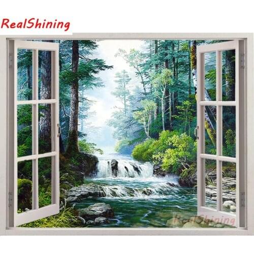 5D Diy Diamond Painting Cross Stitch full Square Diamond Embroidery Forest river window picture for room Decor H1126