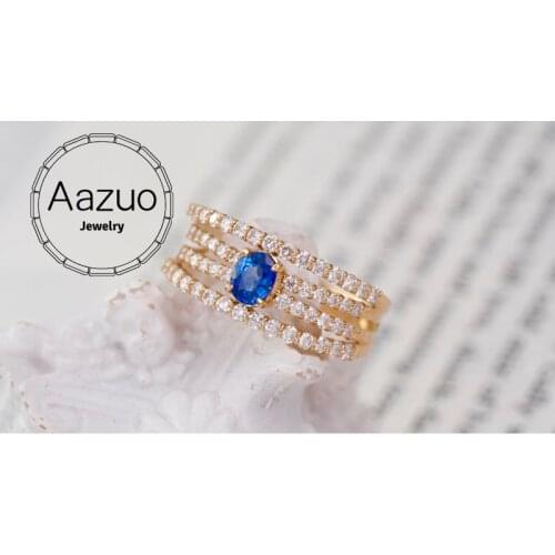 Aazuo Hot Sale Original Real 18K Rose Gold Natrual Blue Sapphire Real Diamonds Oval 4 Lines Ring gifted for Women Au750