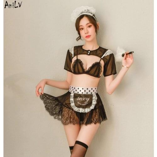 AniLV Anime Girls Lolita Maid Uniform Temptation Lingerie Costume Japanese Black Lace Underwear Pajamas Party Clothes
