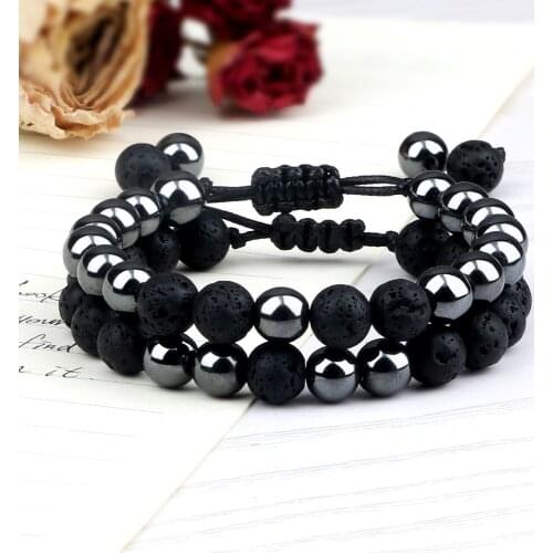 Hematite Classic Lava Bracelet Spacer Beaded Adjustable Natural Stone Couples 2Pcs/Set Bracelets&Bangles For Men Buddha Jewelry