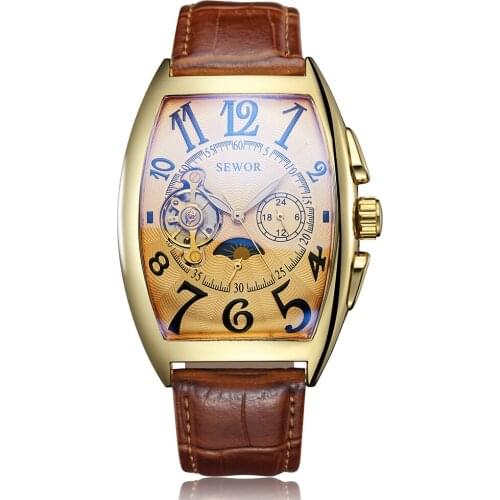 Vintage Skeleton Watch Men Automatic Mechanical Wristwatch Self Winding Leather Bracelet Moon Phase Male Clock Relogio Masculine