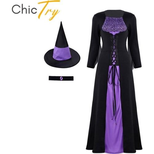 ChicTry Adult Women Halloween Costume Cosplay Ghost Skeleton Printed Long Evil Wicked Witch Dress with Pointed Hat Necklace Set