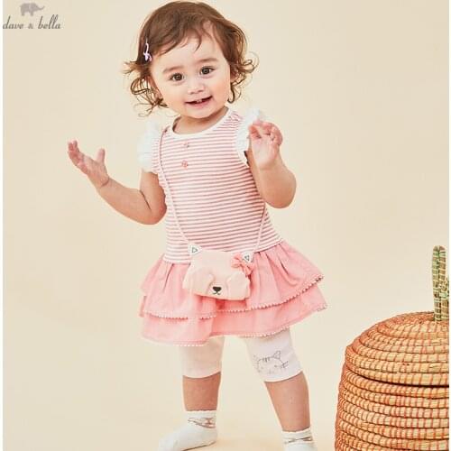 DBH16424 dave bella summer baby girls fashion striped draped dress with a small bag party dress kids infant lolita 2pcs clothes