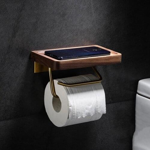 Toilet Paper Holder Wall Mount Black Walnut Tissue Holder Creative Solid Wood Brass Paper Roll Holder Phone Holder Free Drilling
