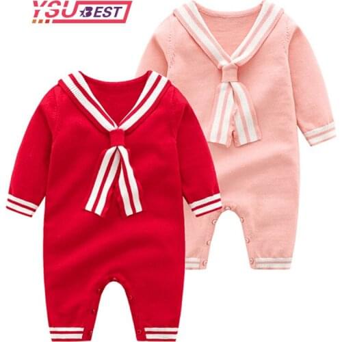 Baby Rompers Newborn Navy Collar Baby Jumpsuit Overall Long Sleevele Baby Boys Clothes Autumn Knitted Girls Baby Casual Clothes