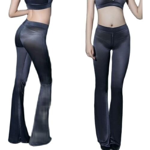 Oil Glossy Shiny Zipper Crotch Flare Pants Thin See Through Fantasy Hot Sexy Night Clubwear Trousers Wetlook Fitness Leggings