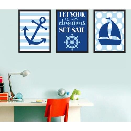 Nautical Sailboat Anchor Nursery Canvas Painting Dream Blue Wall Art Poster Print Pictures for Kids Bedroom Home Decor No Frame