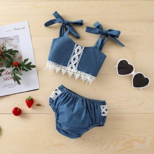 Summer 0-3Y Fashion Baby Girls Sweet Clothes Sets 2pcs Simple Lace Floral Sleeveless Belt Denim Vest Tops Shorts