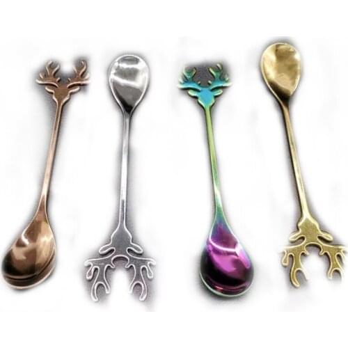 HOT 4Pcs Creative Antlers Shape Stainless Steel Coffee Spoon Dessert Spoon Ice Christmas Antlers Tea Tiny Stirring Spoons