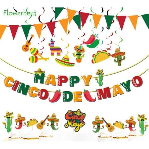 Mexican Theme Party Decoration Garland Hat Cactus Cake Inserts May Alphabet Flag Mexican Decor Decoracion De Fiestas Y Eventos