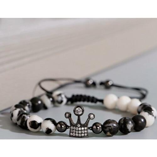 Fashion Black Crown CZ Zircon Handmade Weaving Bracelet Homme Charm Black White Natural Stone Beads Bracelet