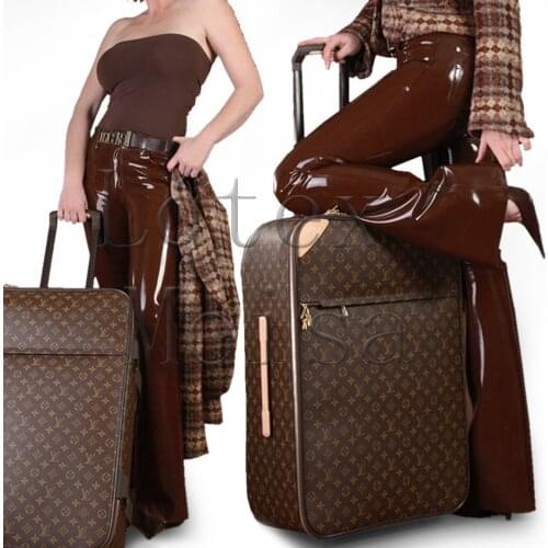 Office lady style flare pants womens latex trousers with 0.4mm thickness natural latex no zip in brown color