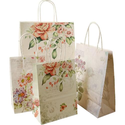 10pcs Cookie Candy Packing Bag Flower Kraft Paper Bags Christmas Festival Party 25*18/21*15cm Party Favor with Handles