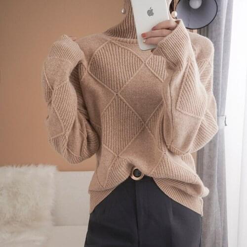 100% Wool Plus Size Pullover Autumn and Winter Cashmere Sweater Womens High Collar Thick Solid Color Pullover Loose Knit Wild