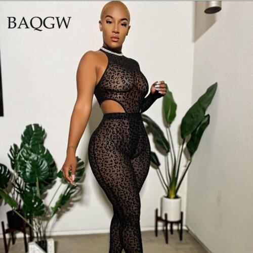Sexy Leopard Print Womens Two Piece Set Fashion One Shoulder See Through Bodysuit + Leggings Matching Suit Night Club Outfits