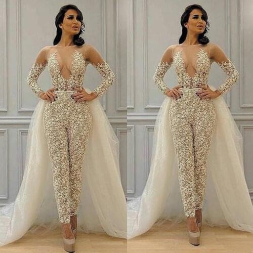 Modest Detachable Skirt Jumpsuit Wedding Dresses Bridal Gowns 2021 Lace Applique Long Sleeve Elegant Pant Suit for Women Vestido