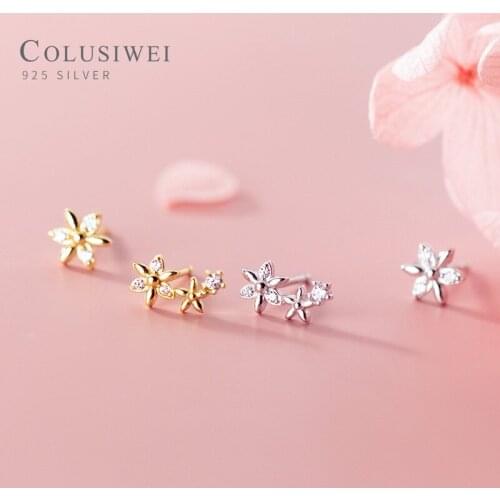 Colusiwei Simple Stackable Zirconia Flower Asymmetry 925 Sterling Silver Tiny Stud Earring for Women Japanese Style Fine Jewelry