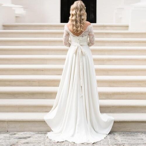 Gorgeous Boat Neck Lace Wedding Gown with 3/4 Sleeves Bohemian Robe de Mairee with Belt Chiffon Beach Bridal Dress