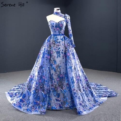 Blue One Shoulder Sexy Mermaid Evening Gowns 2021 Handmade Embroidery Flowers Formal Dresses Serene Hill HM67028