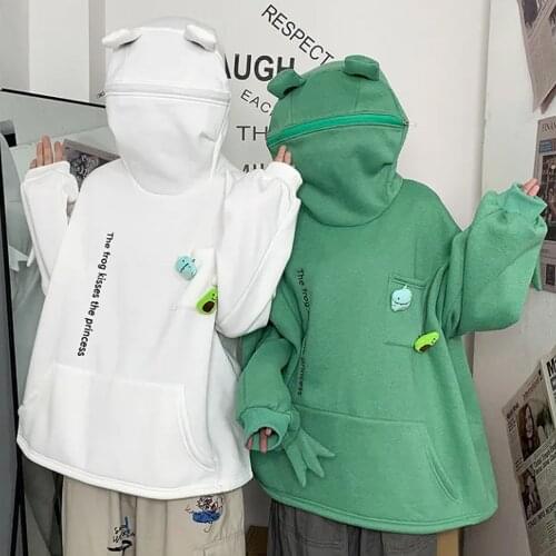 2020 Autumn Green Fleece Frog Hoodie Harajuku Embroidery Hooded Pullover Oversized Hoodies Women Men Sudaderas Hombre Sweatshirt