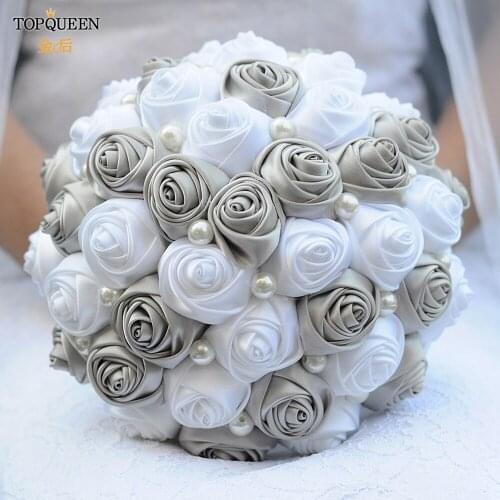 TOPQUEEN F4-DGY Wedding Bouquet with Artificial Rose Flowers Can Customized Any Colors Bridal Dark Grya Bouquet Ribbon Bouquet
