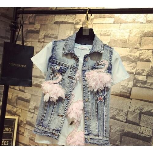 Spring autumn womens casual Swan feather embroidery sleeveless jacket female vintage slim Tank top Jean jacket TB3381