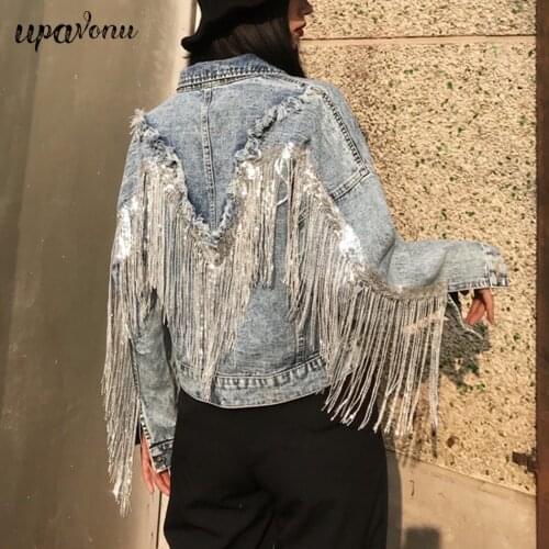 Free Shipping Woman Fringed Sequined Denim Jacket 2021 Spring New Retro BF Loose Short Jeans Jacket Top Chaquetas Jackets