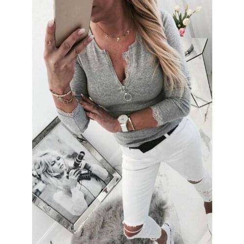 Harajuku Womens Zipper T-Shirt V Neck Long Sleeve Tight Tee Fashion women clothes 2019 Casual Slim Tops
