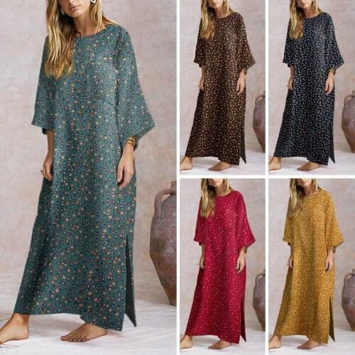 2020 Autumn Temperament Commuter 0 collar printed Chinese pulloped cotton and linen skirt light luxury green floral skirt