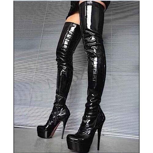 LAIGZEM Patent Women Thigh High Boots Side Zipper Stiletto Heels Black Over Knee Crotch Boots Shoes Botas Mujer Big Size 34-52