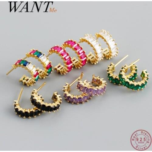 WANTME 925 Sterling Silver Colorful Square Rainbow Zircon Arc-Shaped Stud Earrings for Women Unique Bohemian Charm Gold Jewelry