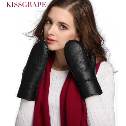 New Winter Womens Warm Gloves Mittens 100% Genuine Leather Gloves Natural Wool Sheepskin Warm Sheep Fur Gloves Thicken Guantes