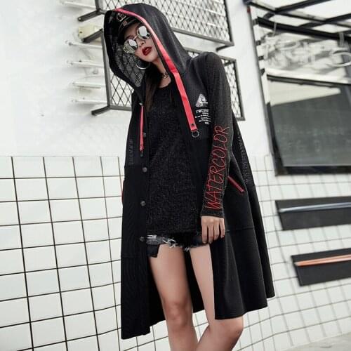 New Harajuku Long vest women Denim Sleeveless Coat Hooded Mesh Patchwork Jacket chalecos para mujer casaco feminino gilet femme