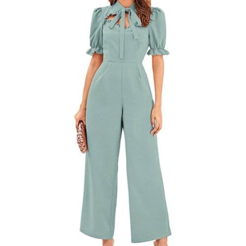 Womens High Waist Jumpsuit 2021Summer New Short-Sleev Solid Color Chiffon Jumpsuit Casual Loose Holiday Jumpsuit Wide-Leg Pants