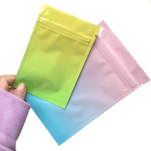 100pcs Glossy Gradient Color Cosmetic Jewelry Flat Mylar Zipper Pouches Heat Sealable Aluminum Foil Zip lock Packaging Bags
