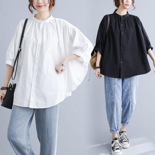 2021 Summer New Style White Black Cotton Linen Shirt Plus Size Women Single-breasted Bat Sleeve Loose Casual Blouse Tops aq549